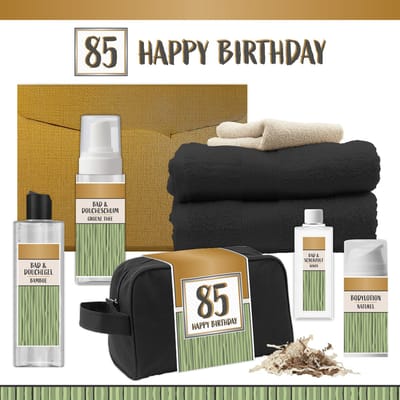 Geschenkset “85 Happy Birthday” - 8 producten - 1140 gram | Luxe wellness Cadeaubox voor Hem Giftset Feestje Verjaardag Vijfentachtig jaar Cadeau Pakket Douche Gefeliciteerd Verjaardagscadeau Man Gift Party Eighty-five Years Hartje Goud Groen Zwart
