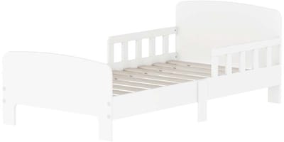 Kinderbed Geschikt voor 140×70×5cm matras (excl. matras) Afgeronde en gladde hoeken Laag ontwerp voor gemakkelijk in- en uitstappen Met veiligheidshekje Eenvoudig te monteren en schoon te maken Geschikt voor kinderkamer 143.5×74.2×54cm Wit