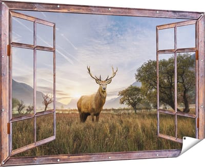 Gards Tuinposter Doorkijk Hert in het Landschap - 180x120 cm - Tuindoek - Tuindecoratie - Wanddecoratie buiten - Tuinschilderij