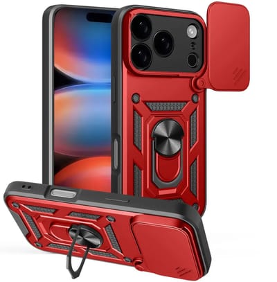 MobyDefend Hoesje - Geschikt voor iPhone 17 Pro - Pantsercase Met Draaibare Ring - Rood