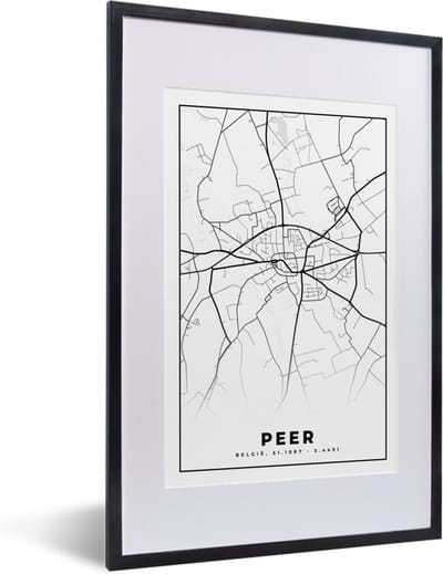 Fotolijst incl. Poster Zwart Wit- België – Peer – Stadskaart – Kaart – Zwart Wit – Plattegrond - 40x60 cm - Posterlijst