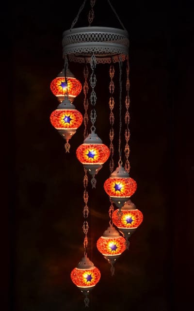 Hanglamp multicolour roos glas mozaïek Oosterse lamp kroonluchter Crèmewit 7 bollen