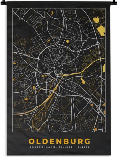 Wandkleed - Wanddoek - Oldenburg - Duitsland - Goud - Stadskaart - Plattegrond - Kaart - 120x180 cm - Wandtapijt