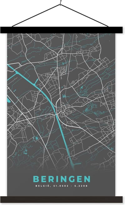 Posterhanger incl. Poster 40x60 cm - Schoolplaat - Stadskaart – Grijs - Kaart – Beringen – België – Plattegrond - Textielposter - Zwarte latten - Stadskaart