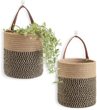 Hangmanden - 2 Stuks - Wandorganizer - Jute Gevlochten Wandmand met Ophanglus – Hangende Fruitmand - Hangmandjes - Decoratieve Bloempothouder voor Binnenplanten en Woondecoratie – Zwart/Naturel - 17*18cm