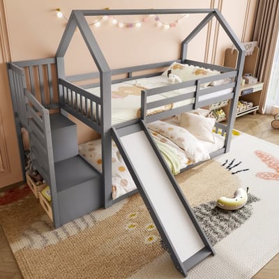 DESMIU Huisbed 90x200cm - Etagenbed Met Glijbaan En Opbergtrede - Veilige Slaap- En Speelplek Voor Kinderen - Grenen En MDF - Grijs - Zonder Matras