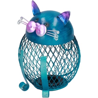 Boîte à monnaie Chat Animal Décoration Fer forgé Fait main Boîte d'épargne Cadeau d'anniversaire blue