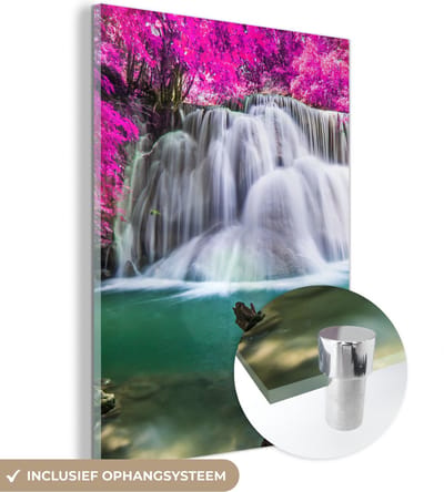 MuchoWow® Glasschilderij 30x40 cm - Schilderij acrylglas - Waterval - Roze - Bomen - Foto op glas - Schilderijen