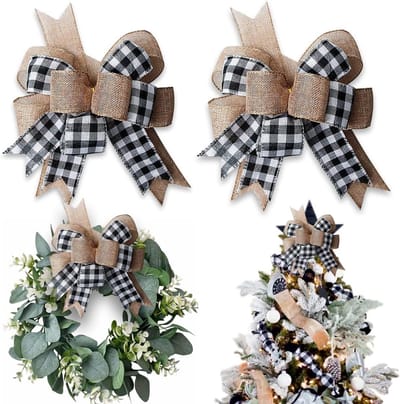 Buffalo Plaid Jute Strikken voor Krans 2-Pack, 12"x9.4" Grote Rustieke Boerderij Decoratie Boomtopper Check Strik Decoraties voor Herfst Bruiloft Vakantie Feest Muur Huis Voordeur Decoratief (Zwart & Wit)