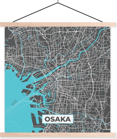 Posterhanger incl. Poster 40x40 cm - Schoolplaat - Osaka - Blauw - Kaart - Plattegrond - Stadskaart - Textielposter - Blanke latten - Stadskaart