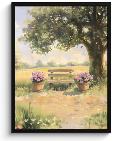 Poster in lijst - Fotolijst 50x70 cm - Posters - Houten bankje - Bloempotten - Landschap - Posterlijst zwart - Decoratie - Wanddecoratie woonkamer - Muurdecoratie slaapkamer