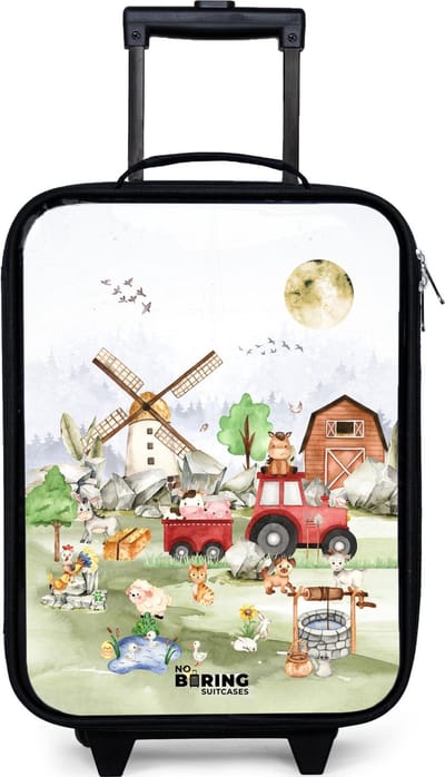 NoBoringSuitcases.com® - Kinderkoffer jongen - Kindertrolley meisje - dieren op een boederij - Koffer kind lichtgewicht - Reiskoffer trolley voor kinderen - Koffertje met lichtgevende wieltjes - Rolkoffer zwart