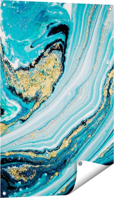 Gards Tuinposter Abstracte Luxe Kunst in het Blauw met Goud - 60x90 cm - Tuindoek - Tuindecoratie - Wanddecoratie buiten - Tuinschilderij