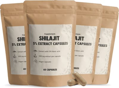 GOYU Shilajit Extract (5% Fulvinezuur) 2000 mg per dagdosering Combideal 4x 60 capsules - Himalaya Mumijo – Shilajit gummies - shilajit 100% pure - Vegan - Zonder toevoegingen - Lab getest - 30 dagen voorraad per zakje