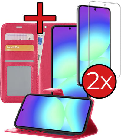 Hoesje - Met 2x Screenprotector - Geschikt voor Samsung Galaxy A56 - Luxe Pasjeshouder - Flip Case - Bookcase Portemonee - Kunstleer Book Case - Flipcase Hoes - Book Cover - Walletcase - Portemonneehoes - Telefoonhoes - Donkerroze