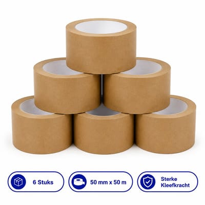 Papieren Tape Bruin - 6 Rollen - 50 mm x 50 m - Eco Verpakkingstape - Sterke Papier Tape voor Dozen, Verpakken & Verzenden | Propacker