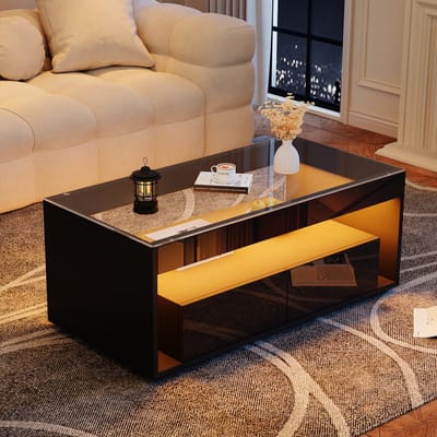 MODENUIT Salontafel - LED-Verlichting En 2 Laden - Voor Woonkamer - Spaanplaat En Gehard Glas - Zwart - 100x50x40 cm