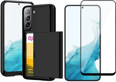 Hoesje met Pasjeshouder geschikt voor Samsung Galaxy S22 - Screen Protector FullGuard - Back Cover SlideCase Zwart & Screenprotector
