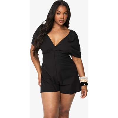boohoo Dames Plus Linnenlook Strik Zwarte Pofmouw Playsuit | Black | Maat: 26