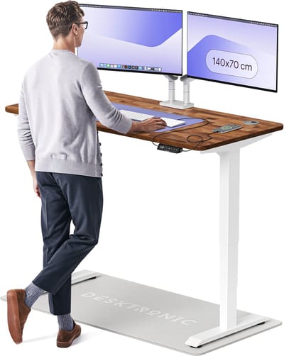 Desktronic HomePro Zit-sta Bureau Elektrisch In Hoogte Verstelbaar, 140x70 cm Massief Notenhout/Wit, Stille Dubbele Motor, Hoogte 62-126cm