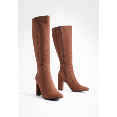 boohoo Dames Faux Suede Knee High Heeled Boots | Chocolate | Maat: 5