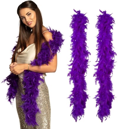 Boland Carnaval verkleed boa met veren - 2x - paars - 180 cm - 50 gram - Glitter and Glamour - verkleed accessoires