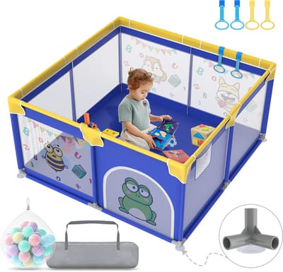 Babybox, draagbare veiligheidsbarrière met 50 ballen, 127x127x68cm Box, veilige speelruimte met ademend gaas, ritssluiting en 4 trekringen (blauw met dierenmotieven)