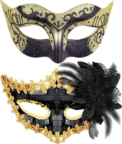 Set van 2 Venetiaanse Maskers voor Halloween en Carnaval - Zwart en Goud Kostuumaccessoires voor Feestjes en Theatrale Optredens