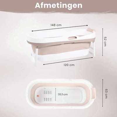 Opvouwbare Badkuip XL voor Volwassenen – Industrial Home® ComfortRelax 148x63x52 cm – Draagbaar Mobiel Ligbad met Deksel, Badkussen, Massage-Rollers, LED-Licht, Opbergtas & Afvoerslang – Inklapbaar Bad voor Douche & Buiten – Zandkleur