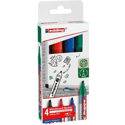 edding 363 whiteboard marker set met 4 kleuren - zwart, rood, blauw, groen - beitel punt 1-5 mm - ook geschikt voor flipover papier - navulbaar - cap-off technologie