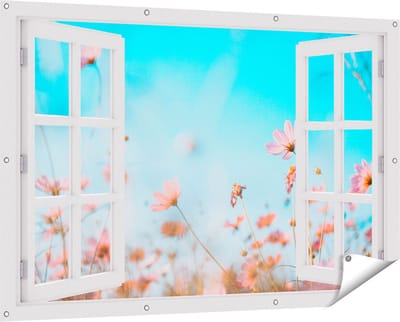 Gards Tuinposter Doorkijk Paarse Kosmos Bloemen - 150x100 cm - Tuindoek - Tuindecoratie - Wanddecoratie buiten - Tuinschilderij