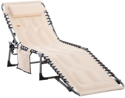 Openlucht ligstoel, opvouwbare tuinligstoel met kussen, zijvak, ligstoel met 5-voudig verstelbare rugleuning, weerbestendige campingligstoel, draagvermogen tot 130 kg, voor tuin, strand, zwembad, beige