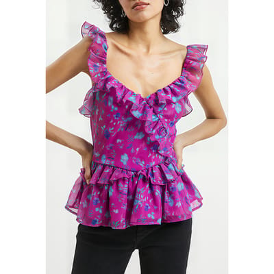French Connection Aden Bai Lurex Frill Cami Top Dahlia Maat: 8 | Mouwloze Tops Outlet | Dames