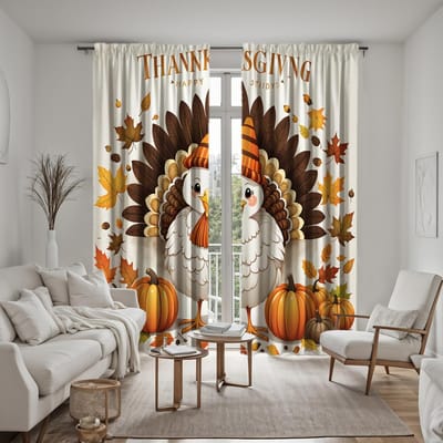 2 pièces HD Rideau citrouille Dinde Thanksgiving Vert blanc lien rideau imprimé numérique Décoration intérieure style Décorer salon lit W52H63inchW132H160cm white