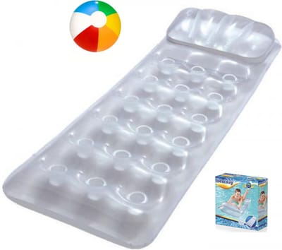 Zilverkleurig Luchtbed - 188 x 71 cm + Strandbal - LoungeStoel Zwembad Ligbed Luchtbed - Floating Bed - Beach Float - Float LoungeStoel - Drijvende Water Ligstoel - Opblaasbaar