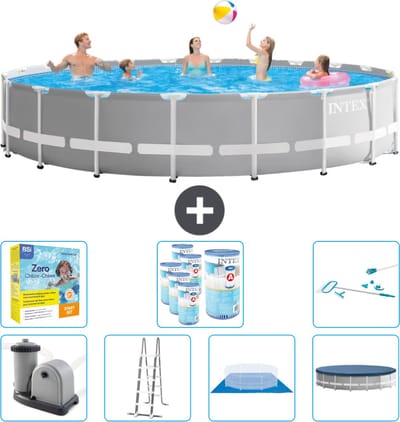 Intex Rond Prism Frame Zwembad - 610 x 132 cm - Grijs - Inclusief Pomp - Ladder - Grondzeil - Afdekzeil Onderhoudspakket - Filters - Schoonmaakset