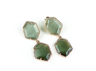 Zilveren oorringen oorbellen roos goud verguld Model Hexagon met grijs groene stenen