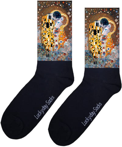 LuckyDay Socks - Klimt sokken - Kunst - Verjaardag cadeau vrouw en man - Kus sokken - Valentijns cadeau - Kerst sokken - Grappige sokken - Leuke dames en heren sokken - Moederdag - Vaderdag - Socks maken Happy - Maat 37-44