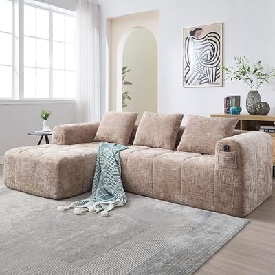 Luxe Hoekbank met Chaise Longue en Armleuningen - Ergonomisch en Comfortabel, zonder Montage, Zacht Chenille Stof, Ideaal voor Woonkamer en Slaapkamer - 250x158x60 cm - Kaki - House&Garden