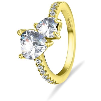 Bague Coeur Plaqué Or, 2 Cœurs en Zircon Cubique Transparent avec Anneau à Accent Pavé, Bijou Romantique Élégant Cadeau Pour Elle & Saint-Valentin 7 beige