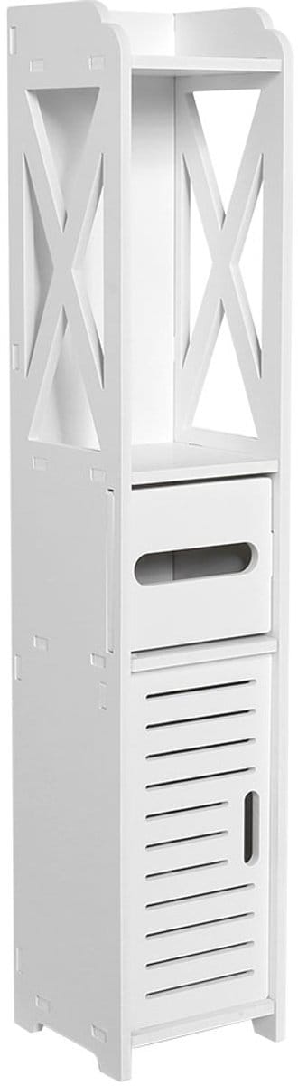 Badkamerkast – Smalle Opbergkast van WPC – 80x15,5x15 cm – Witte Kolomkast met Plank en Toiletrolhouder – Voor Toilet of Badkamer