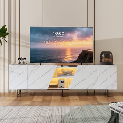 220 cm TV-Schrank mit Marmor-Optik und modernem Design, Fernsehtisch mit Stauraum für großformatige Fernseher, mit Steinmuster, Weiß
