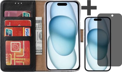 Hoesje met Privacy Screenprotector Geschikt voor iPhone 15 Plus – Arara bookcase met pasjeshouder - Zwart