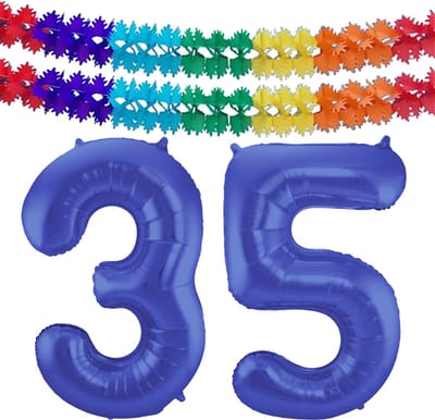Folat Verjaardag Leeftijd folieballon - 35 jaar - blauw - 86 cm - cijferballon groot - incl 2x feestslingers