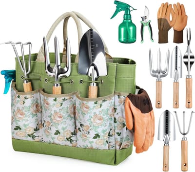 Tuingereedschap Set 9-delig - Tuinset met Snoeischaar, Handschoenen, Gieter en Beukenhouten Handgrepen - RVS Tuingereedschap voor Planten, Verpotten en Snoeien - Cadeau voor Tuinliefhebbers