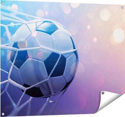 Gards Tuinposter Voetbal Bal Door het Goal Heen - 100x80 cm - Tuindoek - Tuindecoratie - Wanddecoratie buiten - Tuinschilderij