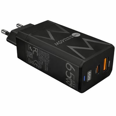 Gmedia 65W USB-C GaN Oplader – 2 Poorts Snellader – USB-C PD & USB-A QC 3.0 – Snellader - Universeel – Zwart