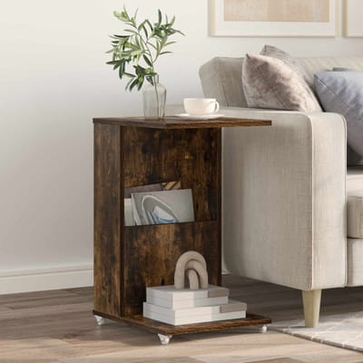 vidaXL - Bijzettafel - met - wiel - Rook - Eiken - 40 - x - 35 - x - 60 - cm - Bewerkt - hout