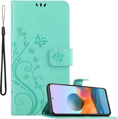 Cadorabo Hoesje geschikt voor Xiaomi RedMi NOTE 10 PRO in BLOEMEN TURKOOIS - Beschermhoes in bloemmotief met magnetische sluiting, standfunctie en kaartsleuven Book Case Cover Etui