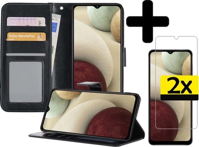 Hoesje - Met 2x Screenprotector - Geschikt voor Samsung Galaxy A12 - Luxe Pasjeshouder - Bookcase Portemonee - Flip Case - Kunstleer Book Case - Flipcase Hoes - Book Cover - Walletcase - Portemonneehoes - Telefoonhoesjes - Zwart